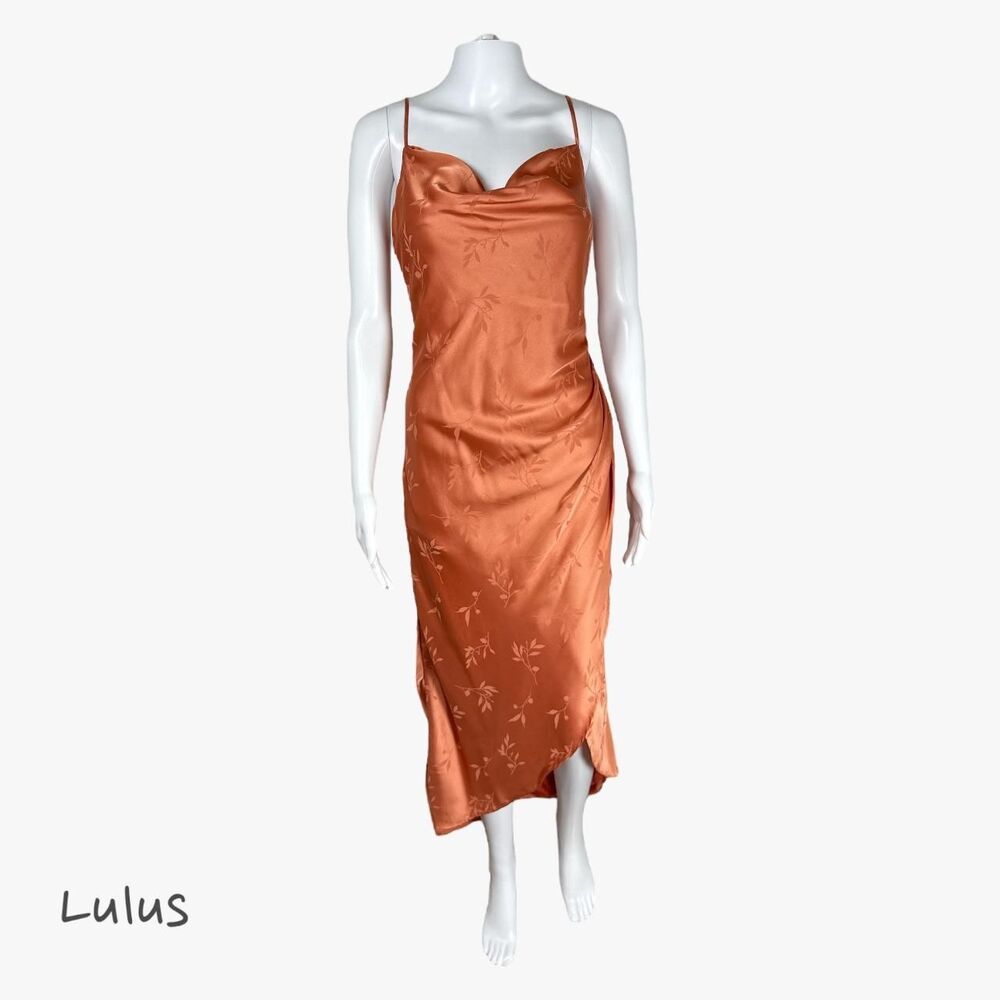 Lulus Women's Floral Satin Sheer Dress in Rust Orange Size M Glam Party